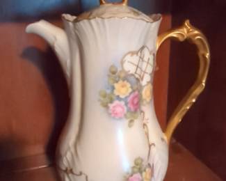 Hand Painted Porcelain Coffee Pot with Roses and Gilt Accents