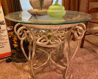 Ornate Scroll Metal and Glass Top Accent Table
