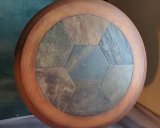 Round Inlaid Side Table with Metal Base and Lower Shelf