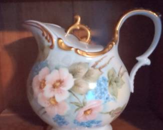 Hand-Painted Porcelain Creamer with Floral Motif and Gilt Accents, Artist Signed