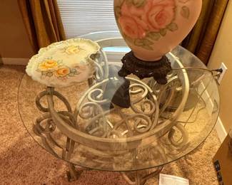 Ornate Scroll Metal and Glass Accent Table