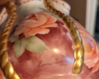 Leana Jevill Hand-Painted Porcelain Basket with Roses, 1989