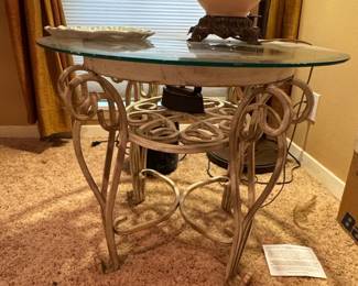 Ornate Scroll Metal and Glass Accent Table