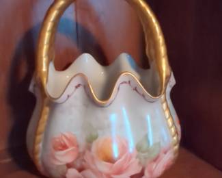 Leana Jevill Hand-Painted Porcelain Basket with Roses, 1989