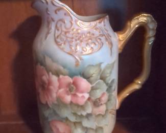 Hand-Painted Porcelain Pitcher with Pink Roses and Gilded Accents, Likely Nippon