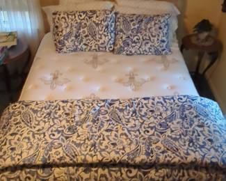 Tufted Upholstered Headboard and Blue Paisley Queen Bedding Set