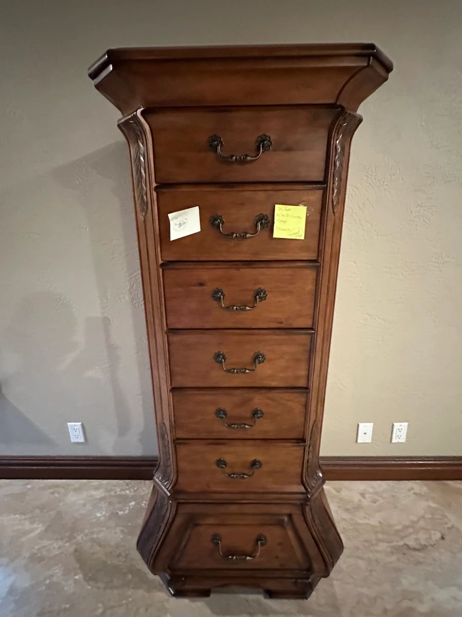 $300 OBO 65"tall chest 21-1/4"x21-1/2" wide 7 green velvet lined drawers Michael Amini