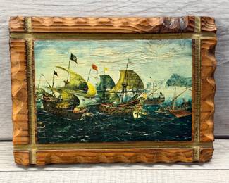 VINTAGE SPANISH CARVED WOOD DECOR W SHIPS PRINT