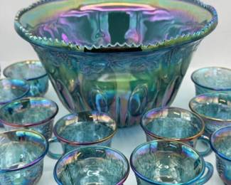 INDIANA CARNIVAL GLASS PUNCH BOWL W 11 CUPS