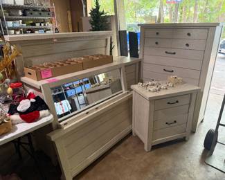Havertys full-size bedroom suite including headboard, and footboard frame, chest of drawers, dresser, and mirror with matching nightstand and bookcase