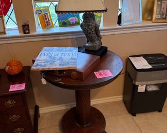 Antique Tiger Oak round table, Owl Lamp