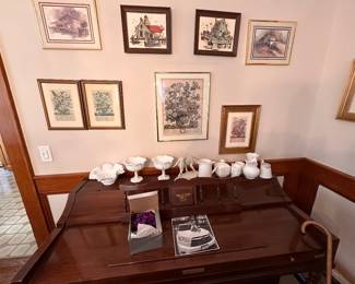 Milk glass and piano