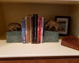 Bull and Bear brass figures on marble bookends