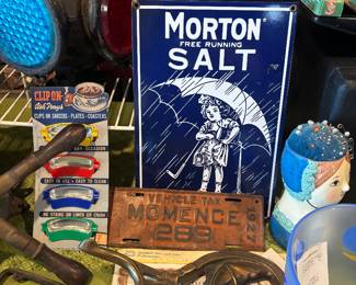 1927 license plate, momence IL Morton salt porcelain sign
