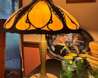 Antique slag glass lamp , a couple pieces uranium glass.