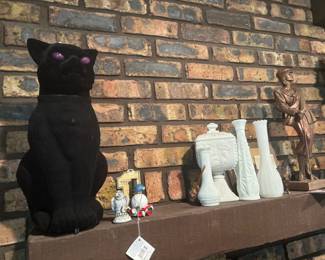 two black halloween velvet cats animated, milk glass