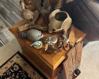 vintage animal decos including mini hand carved and signed birds, whimsical squirrel and cat , artist signed Powell hand carved birds Cute mouse planter by Anthony, and more!