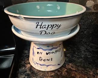 HandPainted Ceramic Happy Dog Pet Bowl with Stand