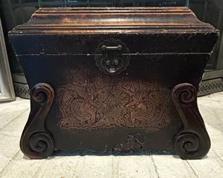 Carved Leather Chest with Cherub and Acanthus Leaf Motif