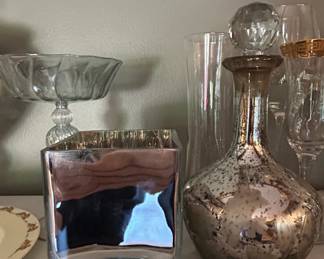 Mercury Glass Decanter and Square Vase Set