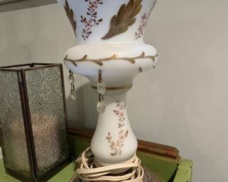 Victorian Bohemian Opaline Milk Glass Table Lamp with Crystal Prisms second image