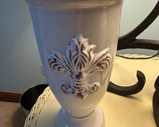 White Ceramic Vase with Fleurdelis Motif by E.O. Brody