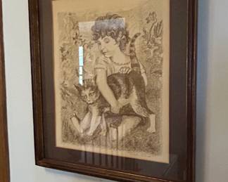 Charles Calvert Lithograph of Child with Cat