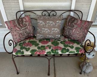 Vintage Wrought Iron Garden Bench with Floral and Zebra Print Cushions