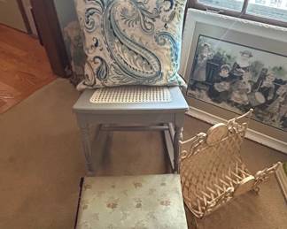 Vintage Cane Seat Step Stool with Floral Upholstered Footstool and Paisley Pillow