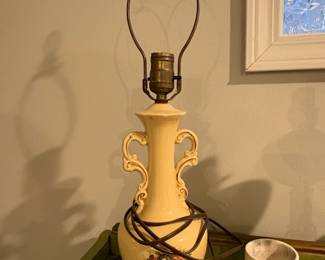 Vintage HandPainted Floral Porcelain Urn Table Lamp with Scrolled Handles