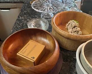Vintage Teak Wood Salad Bowl Set with Napkin Rings