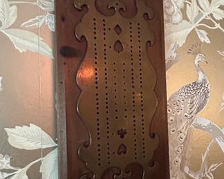 Vintage Wooden Cribbage Board with Ornate Brass Overlay and Decorative Cutouts