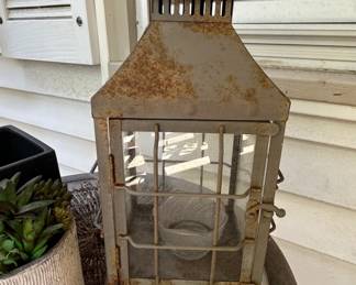 Rustic Metal Lantern with Gridwork Glass
