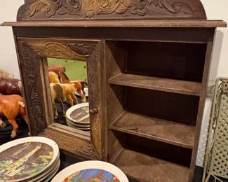 Antique Carved Oak Wall Cabinet with Mirror