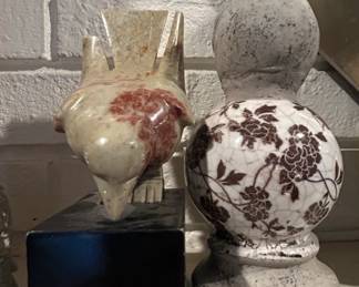 Vintage Ceramic Bird Figurine with Transferware Pattern and Carved Stone Bird Sculpture