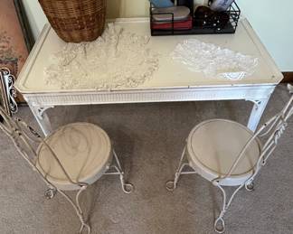 Vintage Wrought Iron Vanity Set with Table and Two Chairs by Salterini