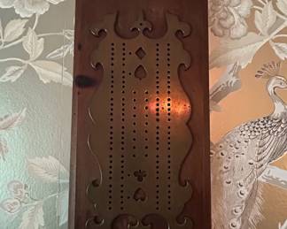 Vintage Wooden Cribbage Board with Ornate Brass Overlay and Decorative Cutouts third image