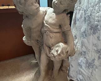 Vintage Concrete Garden Statue of Two Cherubs Holding a Basket