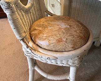 Vintage White Wicker Vanity Stool with Floral Upholstery
