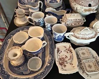 Mixed Brown Transferware and Blue Willow Dinnerware Set