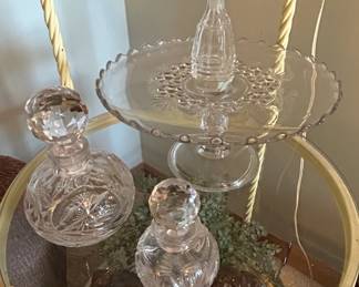Cut Crystal Perfume Bottles and Pedestal Cake Stand with Starburst and Fan Patterns