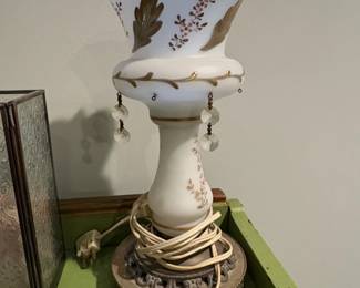 Victorian Bohemian Opaline Milk Glass Table Lamp with Crystal Prisms