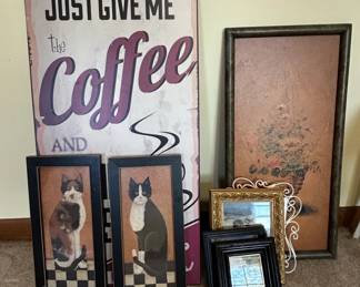 Assorted Framed Art and Decorative Signs Cat and Coffee Themed