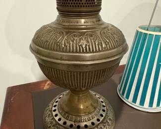 Victorian Brass Oil Lamp with Swirl Milk Glass Shade second image