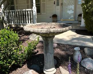 Concrete Bird Bath with Fluted Pedestal and Scalloped Basin