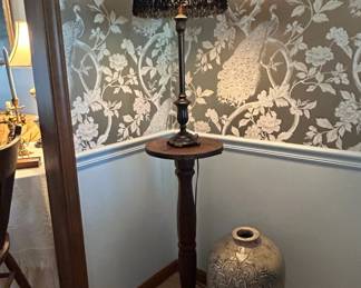 Vintage Table Lamp with Floral Shade and Pedestal