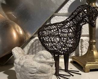 Wire Bird Sculpture and Stone Bird Figurine