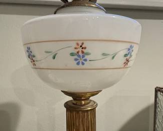 Vintage HandPainted Floral Milk Glass Table Lamp with Marble Base