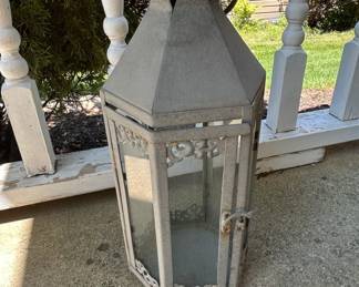 Galvanized Metal Lantern with Decorative Scrollwork
