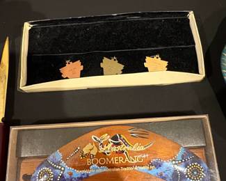 Australian Boomerang with Aboriginal Art and Display Stand